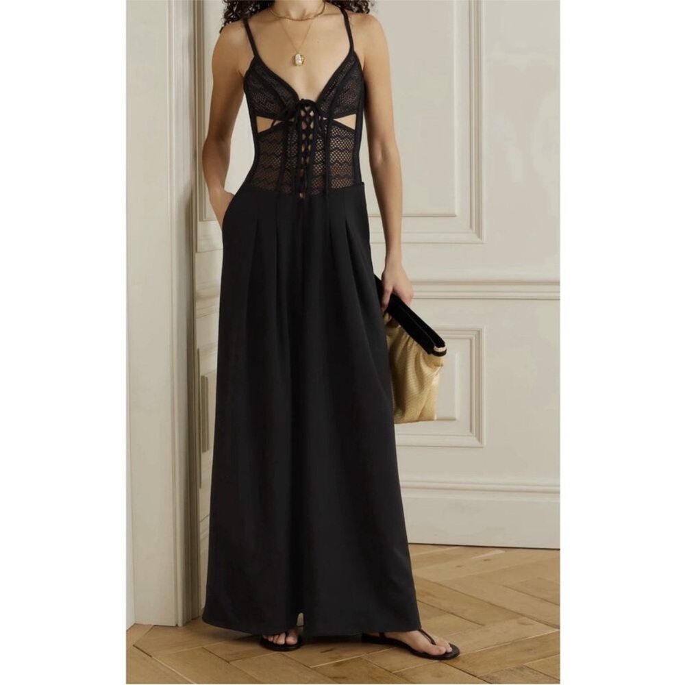 NWT PatBO Black Corset Mesh Wide Leg Jumpsuit US 8 Evening Resort